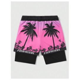 SHENHE Men's Letter Graphic Print Track Shorts Drawstring Elastic Waist 2 in 1 Shorts with Pockets, Multicolor, Small