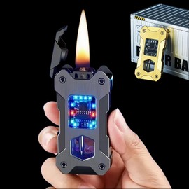 Smart Kerosene Lighter 4-Ignition Methods, Voice Activated Soft Flame Lighter, Metal Mecha Style Refillable Lighters with Cool Colorful Breathing Light (Brushed Grey, No Fuel)