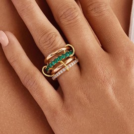 HERSIN Stackable Rings for Women Trendy, 14K Rose Gold Plated Green Cubiz Zirconia Ring Chunky Rings Mixed Metal Multi Ring Dainty Stacking Rings Set Gold Jewelry for Women Gifts Size11