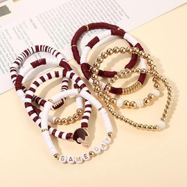 Lssfadccx 8 Pack Game Day Bracelets for Women, Football Bracelets Red Black Blue Heishi Clay Beaded Stretch Bracelets Stackable Charm Bracelet Bangles (brown & white)