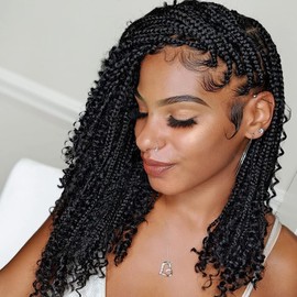 Unionbeauty 8 Packs 14 Inch Boho Box Braids Crochet Hair Curly Ends Messy Goddess Box Braids Hair Extension Pre-looped Individual Synthetic Braiding Hair Bob Bohemian Hippie Braids for Black Woman 1B#