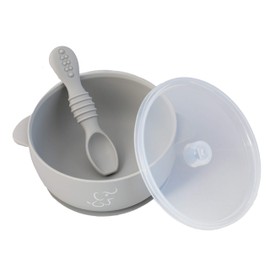 PAPU BABY Plato Hondo/Bowl/Tazón Grande con Tapa y Cuchara de Silicón 100% Grado alimenticio con Base de succión. Libre de BPA (Gris Claro)