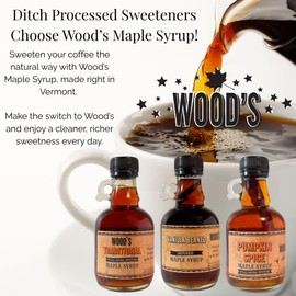 WOOD'S Vanilla Beaned Maple Syrup – Infused Vermont Maple Syrup with Real Vanilla Bean Pod | Smooth, Rich, All-Natural & Vegan Sweetener | Perfect for Breakfast, Baking, Seafood, Popcorn & More | 8.45 Fl Oz (250mL)