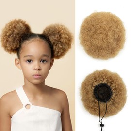 ISHEENY Ponytail Hairpiece Real Hair Afro Puff Drawstring Ponytail Short Curly Hair Chignon Hair Bun with Clips