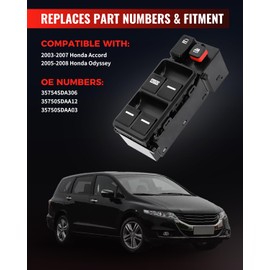 Btongint Power Window Master Switch for 2003-2007 Honda Accord DX/LX/SE Sedan 4-Door 2.4L 3.0L - Driver Side Front Control Switch Button Replacement Replacement OEM 35754SDA306 35750SDAA12 35750SDAA03