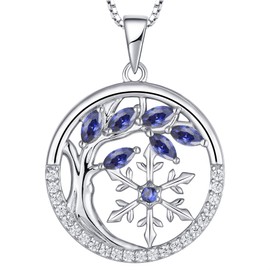 YL Tree of Life and Snowflake Necklace 925 Sterling Silver 12 Birthstone Cubic Zirconia Pendant for Women, Silver, Tanzanite