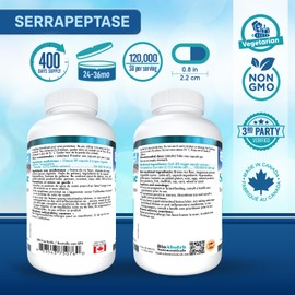 Bio Absorb Nutraceuticals Serrapeptase Enzyme, High Potency 120000 Units (SPU), 400-Day Supply, Delayed Release Vegetarian Capsules (DRcaps) For Maximum Absorption