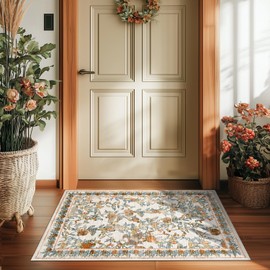 jinchan Floral Area Rug 2x3 Entryway Vintage Spring Washable Indoor Doormat Accent Rug Lightweight Soft Small Non-Slip Low Pile Distressed Orange Blue Carpet for Entrance Kitchen Bedroom Bathroom