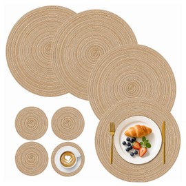 KASURE 8 Pieces Round Placemats Set, 30 cm Placemats(4) and 11 cm Coaster(4), Round Braided Woven Place Mats, Easy Clean Heat Resistant and Non Slip for Kitchen Dining Table Home Restaurant, Khaki