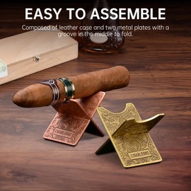 CLZOONG Cigar Holder Foldable Stainless Steel Cigar Stand with Exquisite Carved Pattern Travel Cigar Rest (Gold)