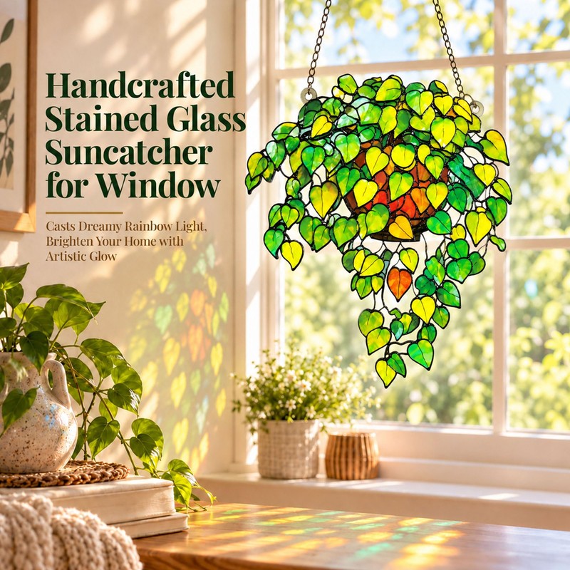 Plant Stained Glass Suncatcher, Pothos Window Hanging Garden Decor