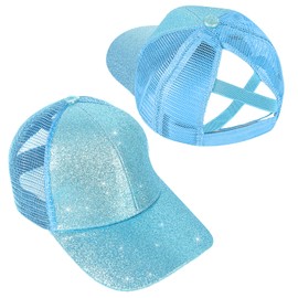 Girls Glitter Baseball Cap Criss Cross Ponytail Hat Adjustable High Messy Bun Ponycap Kids Trucker Hat for 4-12 Years Blue