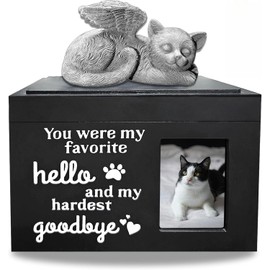Wood Cat Urn Ashes, Wooden Black Urns for Ashes Pet Cremation Box Comes with Cat Angel with Photo Frame, Memorial Keepsake Memory Box Pet Cremation Keepsake Urns Dog Cat Memorial Gift