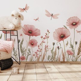 Wall Sticker Watercolour Poppy Flower Wall Sticker Pink Flower Dragonfly Wall Sticker for Living Room Bathroom Bedroom Kitchen