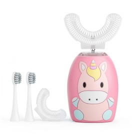 WKSHUNLI Kids Electric Toothbrush, U Shaped Toothbrush Kids 4 Brush Heads, U Shaped Ultrasonic Automatic Toothbrush 2 Modes Age 2-12,Whole Mouth Toothbrush IPX7 Waterproof