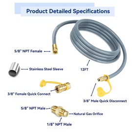 Skyflame 12FT Natural Gas Conversion Kit, 1/2" ID NG Appliance Hose with Quick Connect, 60K BTU, Fits for Fire pit, Pizza Oven, Generator, Griddle, Smoker, Patio Heater and More