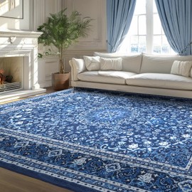 Lessymo Area Rugs 9x12 Living Room- Large Area Rug Machine Washable Area Rug for Bedroom Living Room, Vintage Rugs Boho Floral Medallion, Non-Slip Rubber, Low Pile, Kid & Pet Friendly, Blue White
