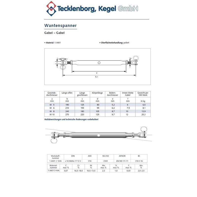 Tecklenborg Kegel GmbH V4A AISI 316 Stainless Steel Shroud Tensioner
