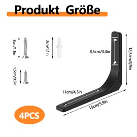 Shelf Brackets, Pack of 4 Metal Shelf Brackets, 7.87 in Shelf Bracket, Black, Angle Shelf with Screws, for Wall Mounting, Bookshelves, Garden, Kitchen, Bathroom - Black