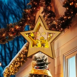 GUDELAK Christmas Tree Topper Star Lighted, 3D Wooden Star Tree Toppers Christmas Decorations, Christmas Tree Star Topper with Lights, Christmas Tree Toppers for Indoor Christmas Decorations