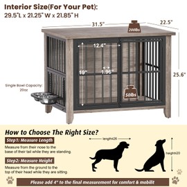 YaFiti Dog Crate Furniture, 31.5" Wooden Dog Kennel Indoor with 360° Rotating & Adjustable Height Feeder 2 Bowls, Side End Table Decorative Dog Cage for Medium Small Dogs, Grey
