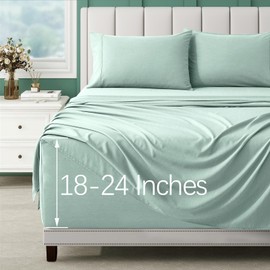 VACVELT 4pcs Extra Deep Pocket Sheets Queen Size, Rayon Derived from Bamboo Sheets, Aqua Blue Sheet Set 18-24 Inch Deep Pocket Queen Sheets, Cooling & Silky Bed Set Soft & Ultra Deep Fitted Sheet Set