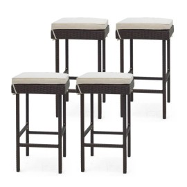 Costway Set of 4 Patio Bar Height Chairs Rattan Barstools w/Footrest and Soft Cushions