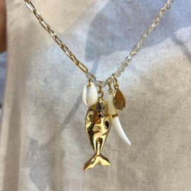 immerFancy Gold Fish Charm Necklace for Women, Dainty Non Tarnish Gold Plated Paperclip Beaded Chain Cowrie Shell Pendants Tropical Boho Necklace Summer Beach Surfer Hawaiian Jewelry Gifts