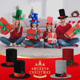 Shinymoon 12 Pcs Christmas Top Hat Snowman Topper Bulk Vintage Holiday Tree Decor with Tartan Plaid Band Holly Berries, Winter Xmas Party Supplies Adults Caroler Costume Hat