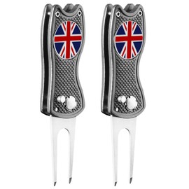 FINGER TEN Golf Divot Repair Tool Switchblade with Ball Marker Value 2 Pack, Stainless Steel Pitchfork with Pop-up Button Magnetic Marker Foldable Portable Gifts (2 Pack in Grey)