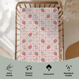 Boho Strawberry Flowers Baby Crib Sheets for Girl 52"x28" Strawberries Pink Bows Checkerboard Soft Snug Fitted Crib Mattress Covers Summer Fruit Baby Sheet for Standard Crib & Toddler Bed Mattress