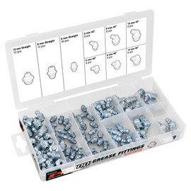 Performance Tool W54239 Metric Grease Fitting Assortment Kit - 88 Pieces, Straight/45/90 Degree, 6mm/8mm/10mm Sizes, Zinc Plated Steel Construction