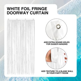 FFNCLKCH 2 Pack White Foil Fringe Curtains – 3x8ft Metallic Backdrop with Hanging Holes – Tinsel Photo Booth Streamers for Birthday, Wedding, Baby Shower, Graduation Party Decorations