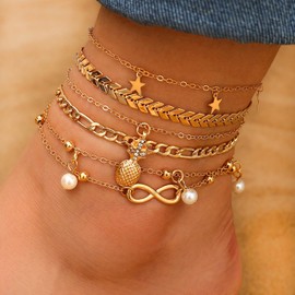 14K Gold Plated Ankle Bracelets Sets For Women, Adjustable Layered Infinite Anklet, Summer Beach Butterfly Star Foot Chain Jewelry Gifts (Pineapple(Gold Plated))