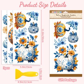 Peacoblue Rub on Transfer Decal Sticker for Furniture Craft Decor 6"x12" Blue-Patterned Pumpkin, 3Pcs Waterproof UV DTF Transfer for Drawer Dresser Glass Porcelain Wood Plastic