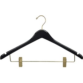 Premium Curved Wooden Skirt Hangers 12 Pack, Solid Wood Pant Hanger with Adjustable Clips, Black Finish