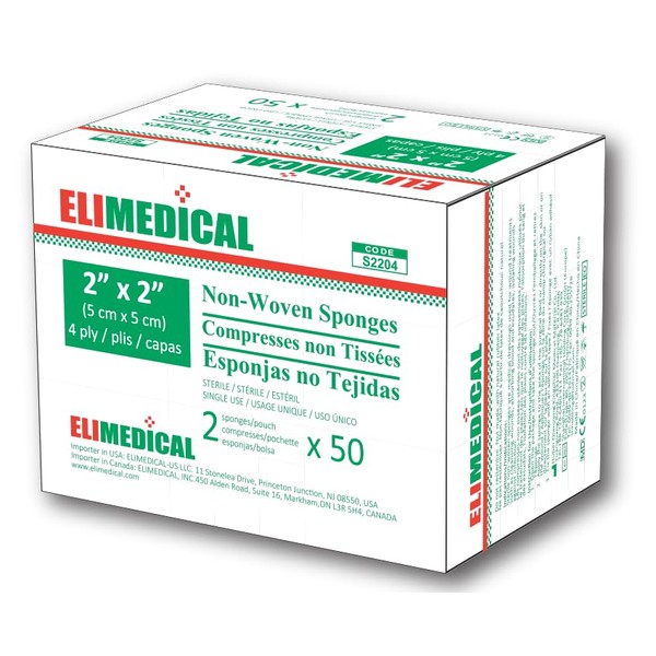 Elimedical Non-Woven Sponge Sterile 2"x2" 4 ply 2pcs/pouch x 50/box