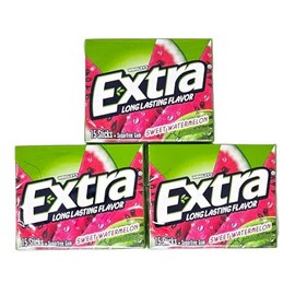 Extra Sugar-Free Chewing Gum Fruit Sensation Gum, Sweet Watermelon Flavor, 15 Sticks Each (Pack of 3, Total 45 Sticks)
