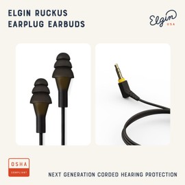Elgin Ruckus Earplug Headphones, ANSI Certified 25dB Noise Reduction, IP65 Rated for Dust and Water Resistance, Ideal for Construction and Outdoor Work, Durable Kevlar-Reinforced Cables, Stealth Black