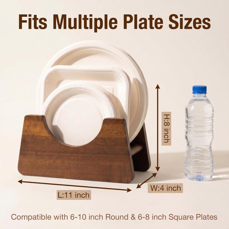 Wooden Paper Plate Holder, Kitchen Countertop Storage for 6-10 Inch