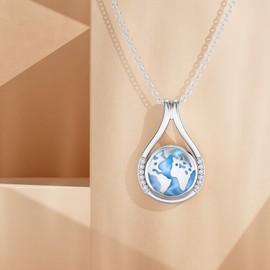 MEIDERBO Earth Necklace for Women 925 Sterling Silver World Map Pendant Necklace Larimar Jewelry for Birthday Christmas