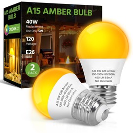 LED Amber Light Bulbs, 40W Equivalent A15 LED Bulb, 5W Energy Saving Yellow Bulbs, E26 Base, 2000K Amber Light for Porch, Patio, Bedroom, Nursery, Sleep, Non-Dimmable, 2 Packs