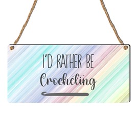 "I'd Rather Be Crocheting" Plaque - Colourful Crochet Sign for Craft Enthusiasts, Home Decor, and Craft Room Inspiration - MDF Wood with Rustic Twine Hanger