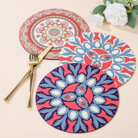 fanquare Placemats and Coasters Set of 6, Round Mandala Place Mats, Heat Insulation Placemats Washable Non-slip Rubber Table Mats for Dinner Table Kitchen