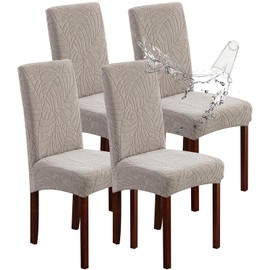 Genina 100% Waterproof Chair Covers for Dining Room Set of 4, Large Dining Room Chair Covers Protectors Stretch Kitchen Parson Chair Slipcovers for Home, Restaurant (Large, Leaves-Warm Gray)
