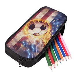 PJHEQOXE Fire Football Pattern Pencil Case School Supplies for Boys Men American Flag Cosmetic Bag Storage Bag Desk Organizer Marker Pouch Pen for Teen Girls Women