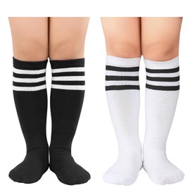 Durio Girls Knee High Socks Kids Soccer Socks Soft Cotton Toddler Soccer Socks for Boys Youth Baseball Socks Long Socks for Girls 02 White Stripes on Black & Black Stripes on White One Size