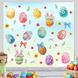 Aurlan Easter Window Clings,Colourful Easter Egg Window Sticker,Bunny Egg Wall Decals,Spring Flower Wall Stcker,Spring Rabbit Murals,Bunny Rabbit Ear Sticker for Nursery Kids Bedroom Home Office Glass