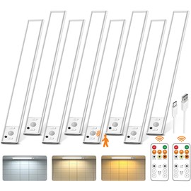 12inch Under Cabinet Lighting with Remote, 2500mAh Rechargeable Motion Sensor Light Indoor, LED Closet Lights with Timer, Dimmable, Magnetic, 3 Color Temps Wireless for Kitchen, Pantry, Stair, 8 Pack