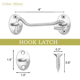 Qancekoo 4 Inch Hook and Eye Latch Stainless Steel Latche with Screws for Door, Windows, Cabinet Closet, Garage Gate, Fence (Silver)